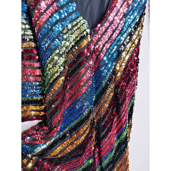 ALCOOLIQUE Peyton Tubolar Black Rainbow Stripe Sequin Mesh Backless Mini Dress10 - Picture 16 of 16
